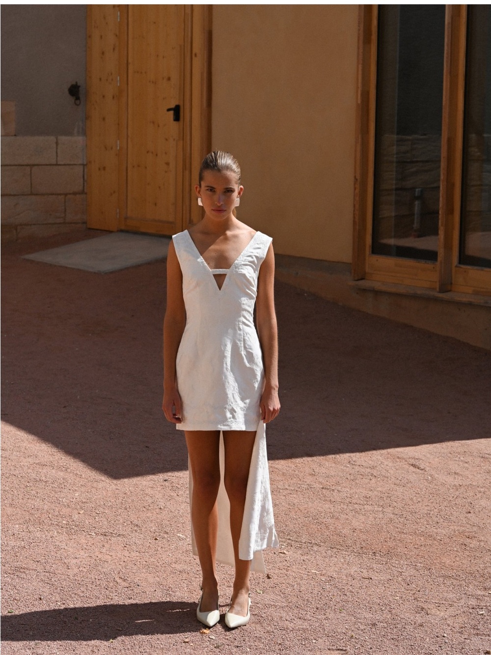 Yellow the Label White Mini Dress with V-Neck and Back Drape